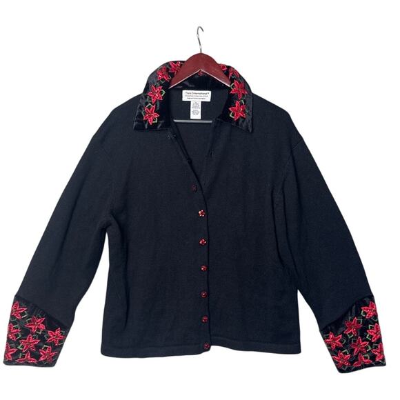 Y2K Tiara Collection Christmas Cardigan Black Red Poinsettias Eclectic Grandma - Picture 1 of 8